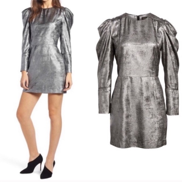 Something Navy Metallic Silver Puff Sleeve Mini Dress. Medium - Picture 1 of 13